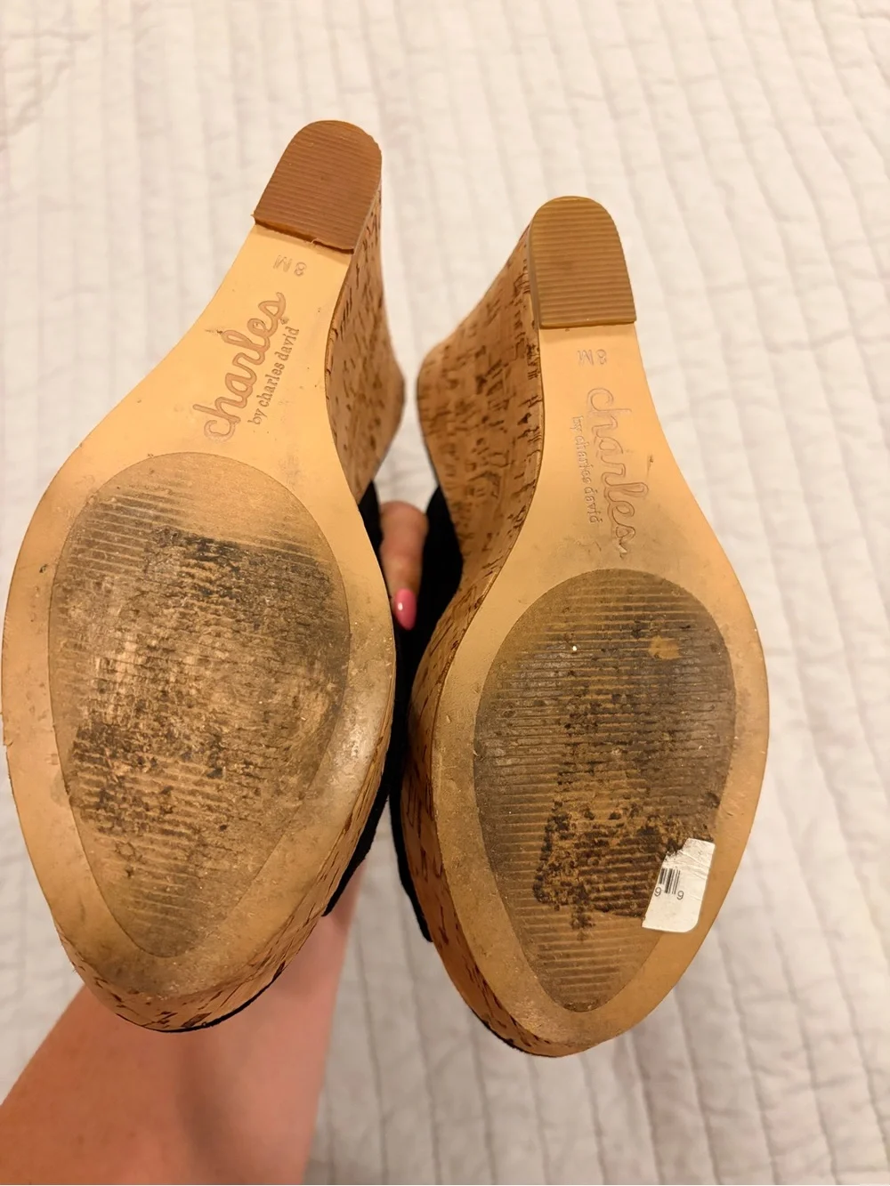 Charles David Black Cutout Cork Wedge Mules 8